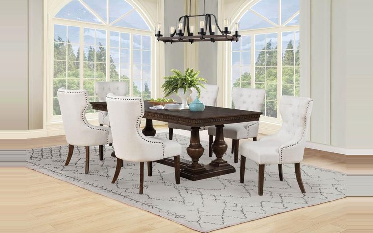 Dining — walnut trestle table, six chairs