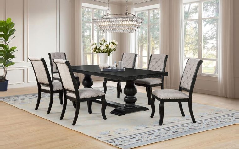 Dining — black trestle table, six chairs