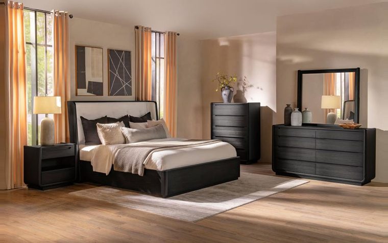 Bedroom — queen bed, dresser, mirror and chest
