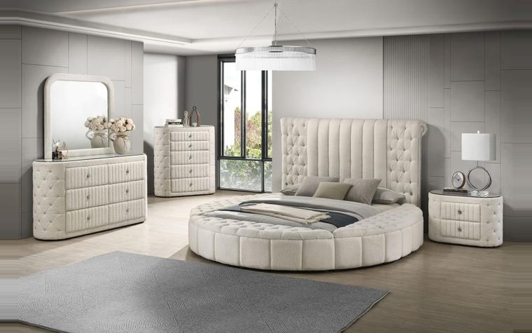 Bedroom — upholstered round bed in ivory